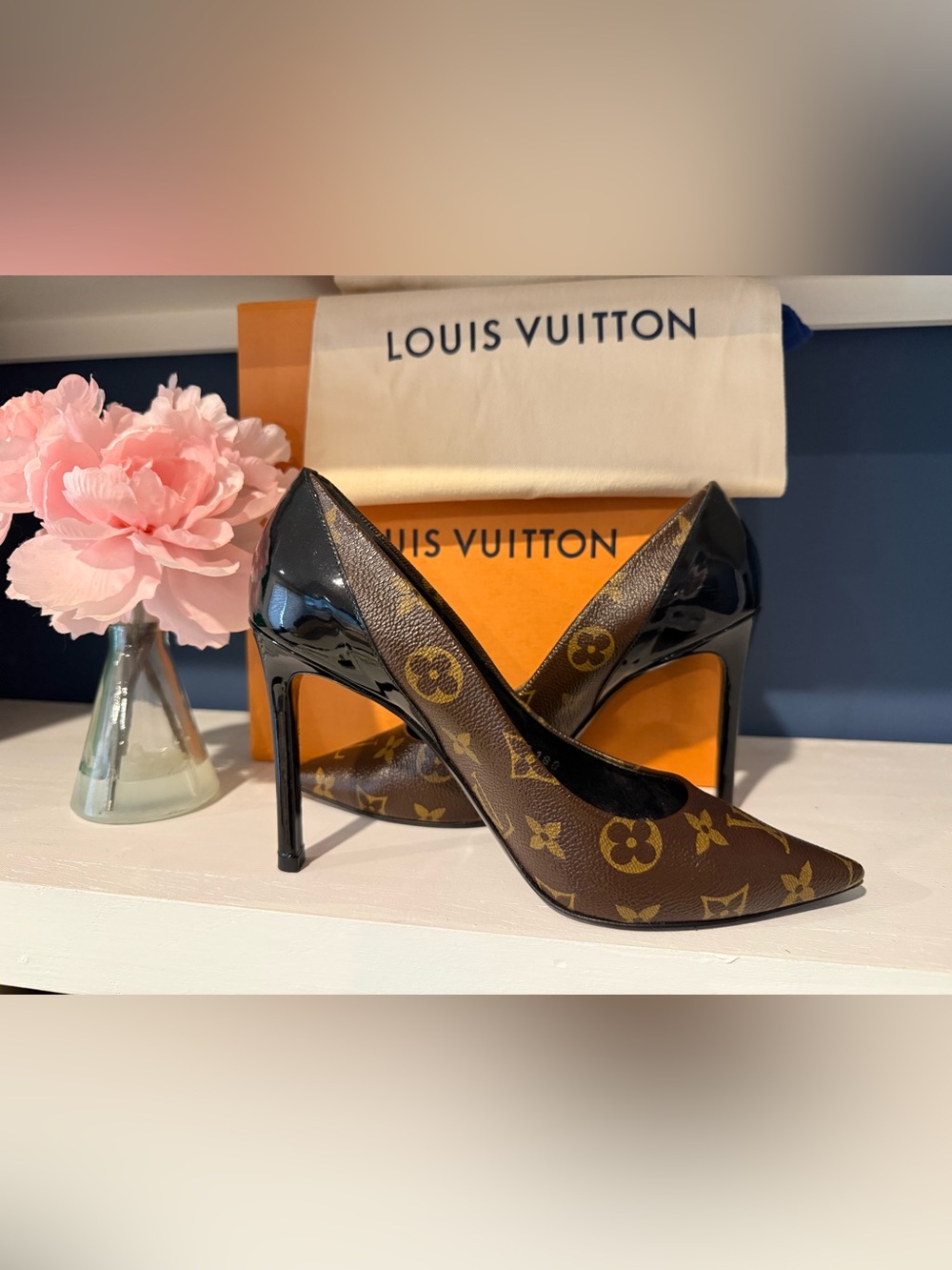 Louis Vuitton Monogram Canvas and Black Patent Pointed-Toe Stilettos